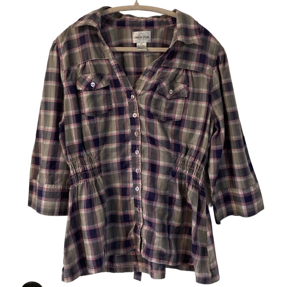 Caren Sport Plus Size 2X Plaid Button Up Top Women’s Lightweight Tunic